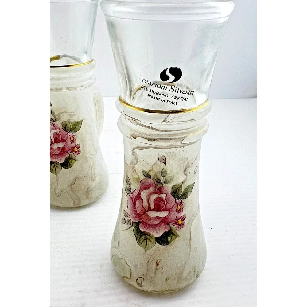 Arte MURANO Crystal Silvestri Decanter & Cordial Glasses Set White Marble Rose